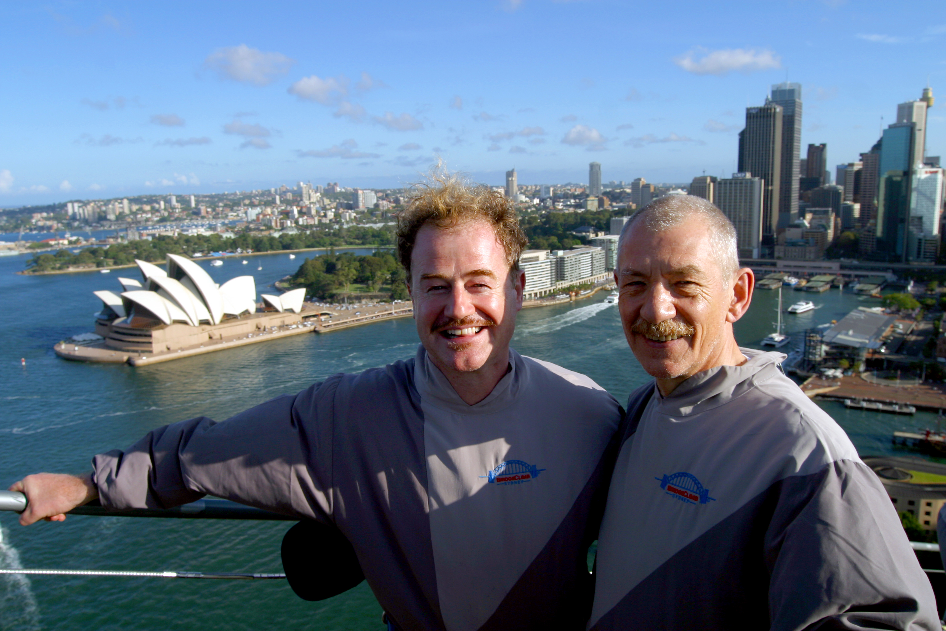 Owen Teale and Ian McKellen atop Sydney Harbour Bridge